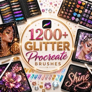 Könnte beinhalten: Eine digitale Sammlung von 1200+ Glitzer-Procreate-Pinseln, die auf mehreren Tablet-Bildschirmen angezeigt werden. Die zentrale kreisförmige Grafik zeigt den Text 1200+ GLITTER Procreate BRUSHES in Gold und Pink, umgeben von digitalen Kunstbeispielen.