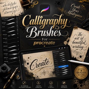 May include: A digital set of calligraphy brushes for Procreate featuring a tablet displaying the word Create, a list of brush styles, an inkwell with a fountain pen, and parchment paper with the text The art of beautiful writing.
