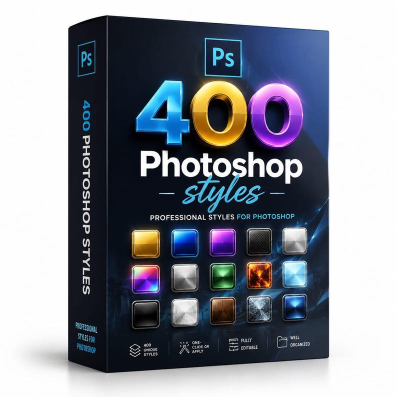400 Photoshop Styles Bundle | Gold, Chrome, Neon, 3D, Vintage Text Effects (Digital Download) image 1