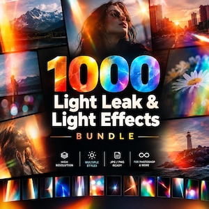 Op de afbeelding: Een digitaal productpakket getiteld 1000 Light Leak & Light Effects BUNDLE, met een collage van fotografische beelden met lichteffecten en lensflares, inclusief iconen voor hoge resolutie, meerdere stijlen en bestandsformaten.
