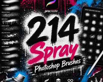 214 Spray Photoshop Brushes | Procreate Grunge Texture Pack (Digital Art)