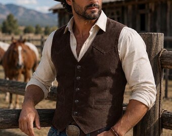 Gilet western pour homme en cuir suédé véritable | Gilet de cowboy marron vieilli.