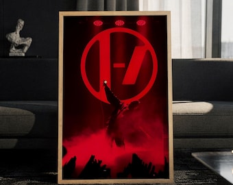 May include: A rectangular framed poster featuring a silhouette of a performer on stage amidst red smoke and lighting. A large red circular logo with a horizontal line and a diagonal slash is centered above the figure, with audience hands visible below.