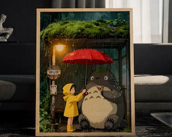 Póster de Mi Vecino Totoro bajo la lluvia - Arte de pared de Studio Ghibli, lámina de bosque lluvioso, decoración acogedora de anime
