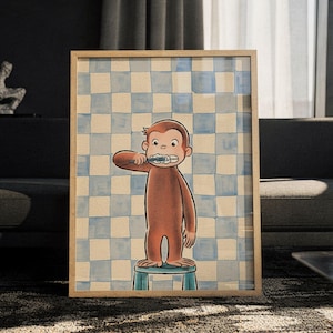 Poster di Curious George - Quadro da parete ispirato al classico libro per bambini, con la simpatica scimmietta, perfetto per decorare la cameretta.