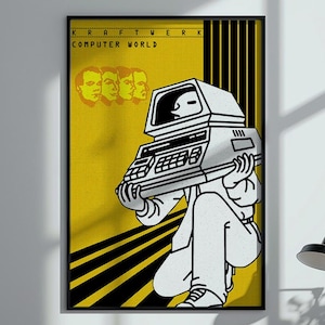 May include: A framed poster featuring a yellow background with black stripes and the text KRAFTWERK COMPUTER WORLD. A stylized illustration shows a figure holding a vintage computer monitor and keyboard, with four small faces visible in the upper left corner.