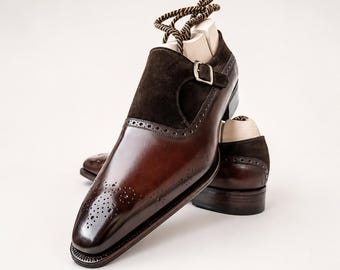 Men's Brown Leather Suede Monk Strap Dress Shoes – Handmade Brogue Wedding Footwear