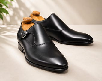 Men's Black Leather Handmade Monk Strap Dress Shoes, Formal Business Wedding Footwear