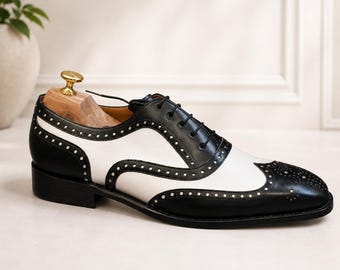 Men's Handmade Leather Wingtip Oxford Shoes, Black White Spectator Brogue Footwear