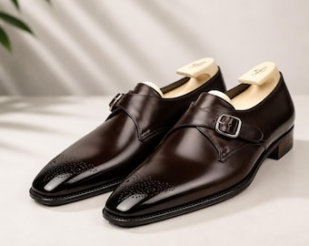 Dark Brown Leather Handmade Monk Strap Shoes – Wingtip Dress Footwear
