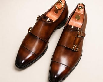 Braune Herren-Lederschuhe mit Doppelmonk-Riemen – Handgefertigte elegante Schuhe mit Kappe
