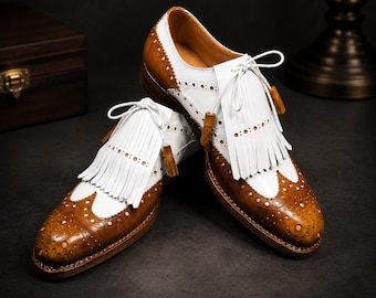 Men’s Brown & White Wingtip Brogue Shoes, Leather Oxford Dress Shoes, Kiltie  Tassel Loafers
