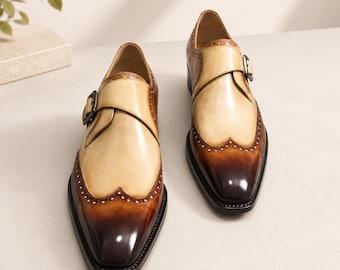 Men's Two-Tone Monk Strap Leather Dress Shoes – Handmade Wedding Footwear