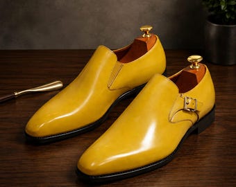 Zapatos de vestir de cuero amarillo mostaza para hombre con hebilla tipo monje / Calzado formal hecho a mano sin cordones para bodas y oficina