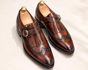 Herrskor med brunt läder, Kiltie Wingtip Brogues, handgjorda formella skor