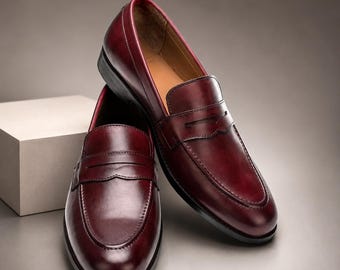 Handmade Men's Burgundy Penny Loafers Leather Slip-On Dress Shoes – Elegant Office & Wedding footwear