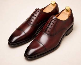 Handmade Burgundy Leather Oxford Dress Shoes – Cap Toe Formal Lace-Up Footwear