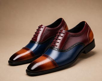Men's Tri-Color Leather Oxford Shoes ,Handmade Wingtip Brogue Dress, Formal Business Wedding Footwear