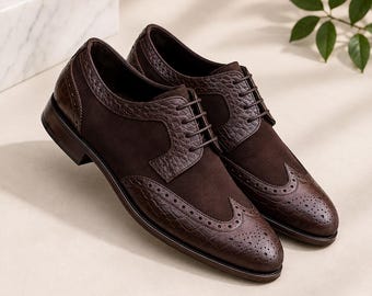 Zapatos Oxford de cuero marrón para hombre, zapatos de vestir tipo brogue con puntera de ala, calzado elegante para bodas y negocios.