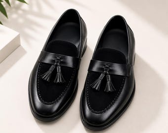 Mocassini da uomo in pelle nera con nappine – Classiche scarpe eleganti senza lacci, calzature formali per ufficio.