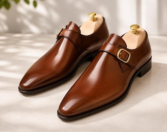 Men's Brown Leather Monk Strap Dress Shoes – Classic Formal Slip-On Oxford Loafers