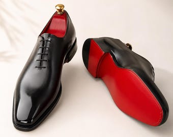 Men's Black Leather Oxford Dress Shoes with Red Sole – Handmade Formal Lace-Up Shoes