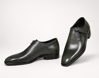 Dunkelgrüne Oxford-Schuhe aus Leder, handgefertigte formelle Schnürschuhe