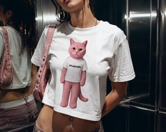 Rosa plyschkattkaraktär #freeballin T-shirt | söt kattillustration-t-shirt