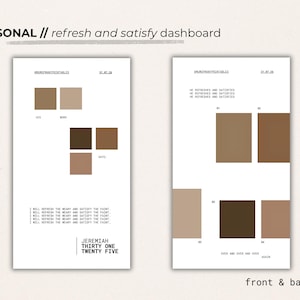 Peut inclure: Une page de tableau de bord numérique avec une palette de couleurs marron neutre, le texte PERSONAL // refresh and satisfy dashboard, Jeremiah Thirty One Twenty Five, et des phrases répétées. La mise en page inclut recto et verso.