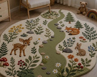 Hand Tufted Woodland Nursery Rug, Forest Animals, Kids Room Carpet