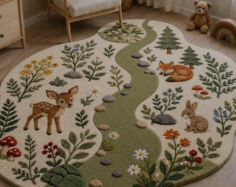 Hand Tufted Woodland Nursery Rug, Forest Animals, Kids Room Carpet