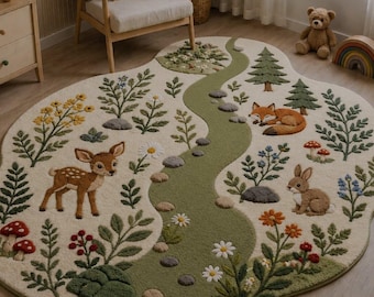 Hand Tufted Woodland Nursery Rug, Forest Animals, Kids Room Carpet