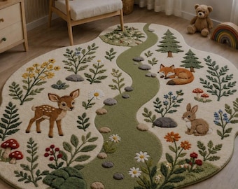 Hand Tufted Woodland Nursery Rug, Forest Animals, Kids Room Carpet