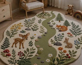 Hand Tufted Woodland Nursery Rug, Forest Animals, Kids Room Carpet