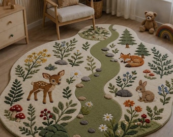 Hand Tufted Woodland Nursery Rug, Forest Animals, Kids Room Carpet