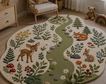 Hand Tufted Woodland Nursery Rug, Forest Animals, Kids Room Carpet