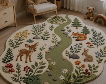 Hand Tufted Woodland Nursery Rug, Forest Animals, Kids Room Carpet