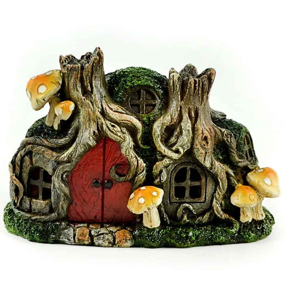 LED Tree Stump Fairy House - Miniature Troll House - Light Up Fairy Cottage - Gnome Abode - Fairy Garden Supply - Fairy Garden Accessory -
