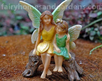 Fairy Sisters on Bench - Woodland Knoll Fairy Figurine - Fairy Garden Supply - Miniature Fairy Girls - Mother and Daughter Fairies