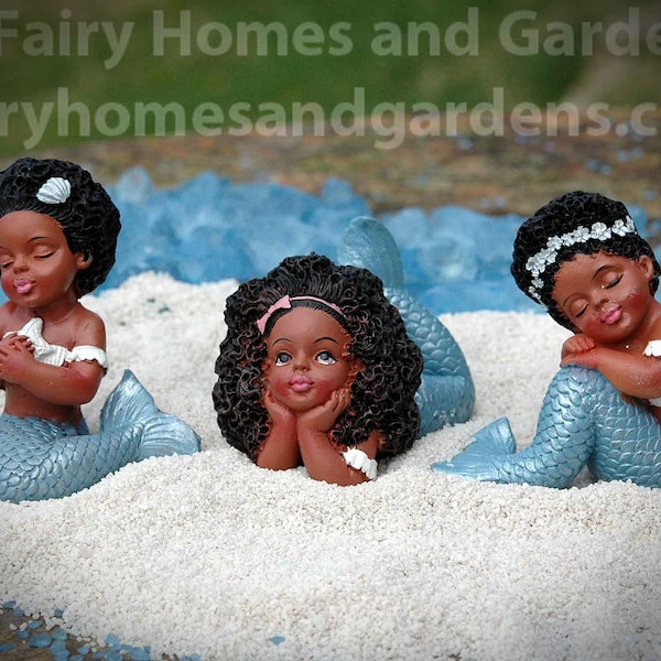 Black Little Girl Mermaid Figurines Set of Three - African American Mermaids - Miniature Dark-Skinned Mermaids - Beach Themed Miniatures