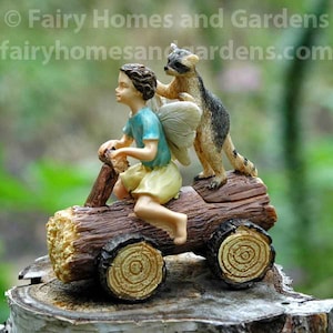 Miniature Fairy Boy and Raccoon Sidekick &quot;Derby Time&quot; Figurine - Woodland Knoll Themed Fairy Garden - Fairy Garden Supply