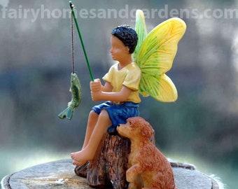 Miniature Fairy Boy Fishing with His Dog - African American Fairy Boy Figurine - Black Fairy Boy Figurine - Fairy Garden Supply