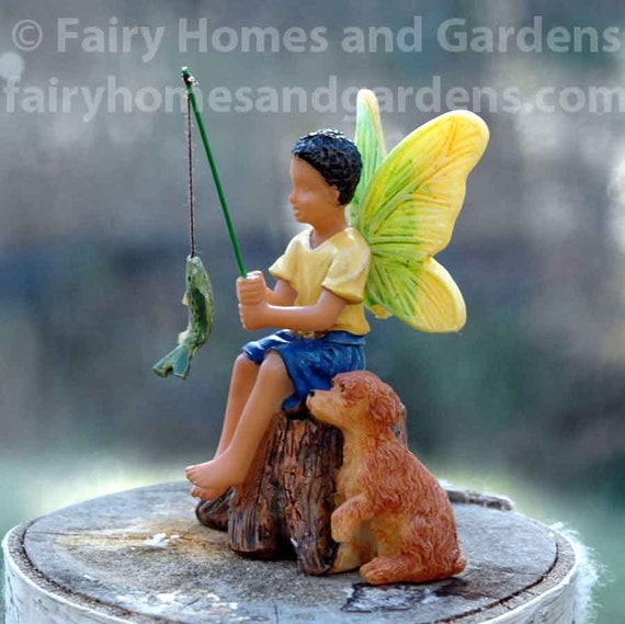 Miniature Fairy Boy Fishing with His Dog - African American Fairy Boy  Figurine - Black Fairy Boy Figurine - Fairy Garden Supply