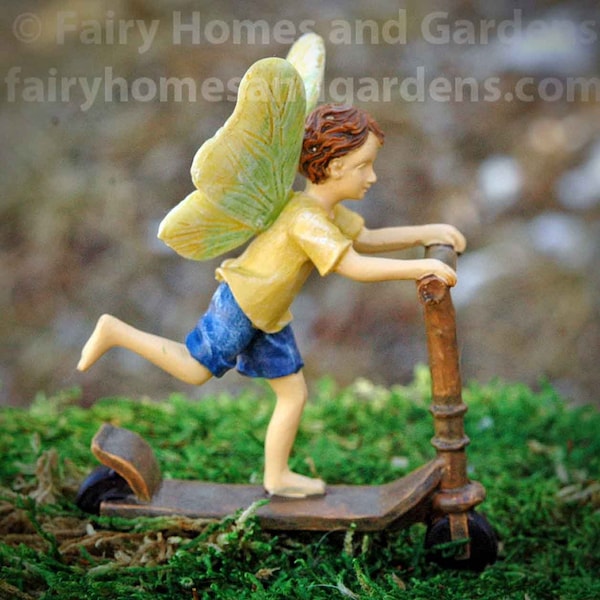 Woodland Knoll Fairy Boy on Scooter Figurine - Miniature Boy Fairy Figurine - Fairy Garden Supply - Model Railroad Accessory