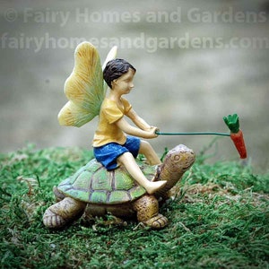 Woodland Knoll Fairy Riding a Tortoise - Miniature Fairy Boy Figurine - Fairy Garden Supply - Tortoise Figurine -Woodland Knoll Theme