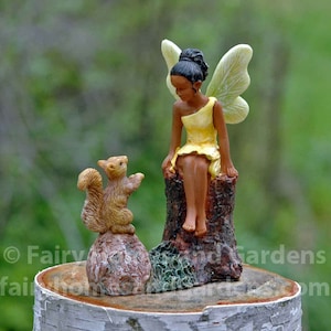Miniature African American Fairy Figurine - Black Fairy Girl with Squirrel Companion - Fairy Garden Supply - Woodland Knoll Themed Fairy