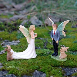 Miniature Fairy Bride and Groom with Rabbit Attendants - Wedding Fairies - Wedding Cake Toppers - Woodland Knoll Wedding Fairies - Figurines