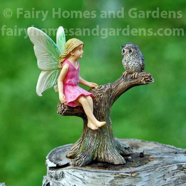 Woodland Knoll Fairy in Tree with Owl - Miniature Fairy Figurine - Fairy Garden Supply - Fairy Garden Accessory