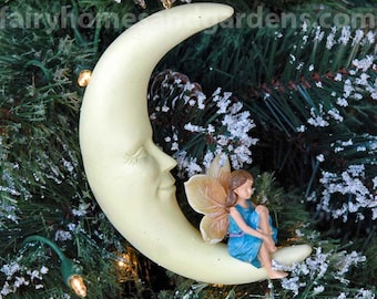 Fairy on a Crescent Moon Ornament - Woodland Knoll Fairy Hanger - Fairy Christmas Ornament - Fairy Figurine