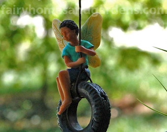 Fairy Boy Swinging Fairy of Color African American Fairy Boy on Tire Swing Miniature Black Fairy Boy Figurine on Swing